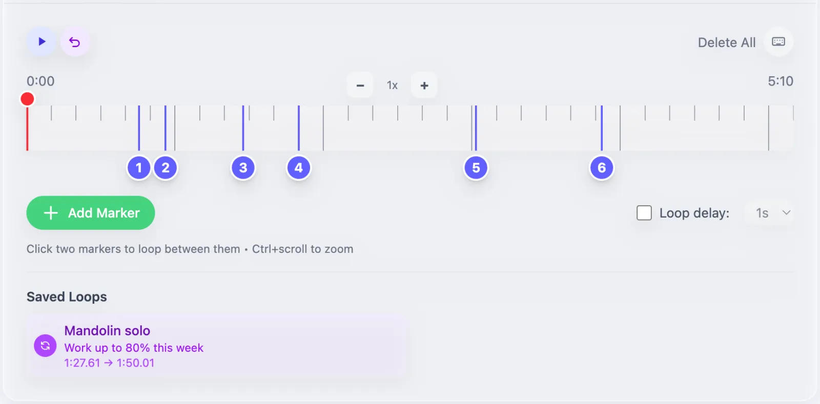 The Markers and Loops card: a timeline with six numbered markers and a saved loop called Mandolin solo