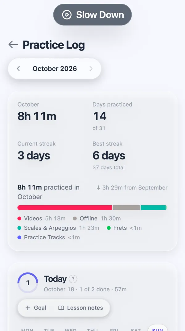 The practice log on a phone, with monthly totals and streaks