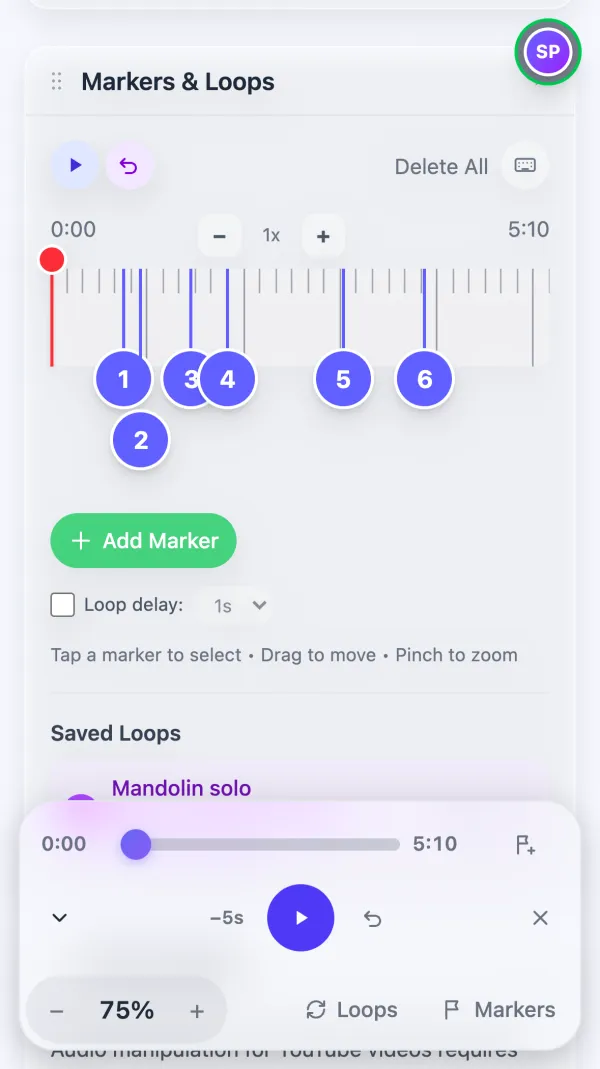The same song on a phone, with markers on the timeline and the dock at the bottom showing speed, loops and markers