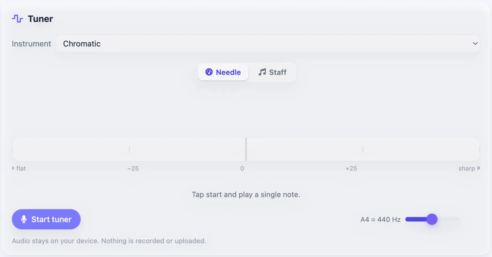 The tuner with an instrument menu, needle view and A4 calibration